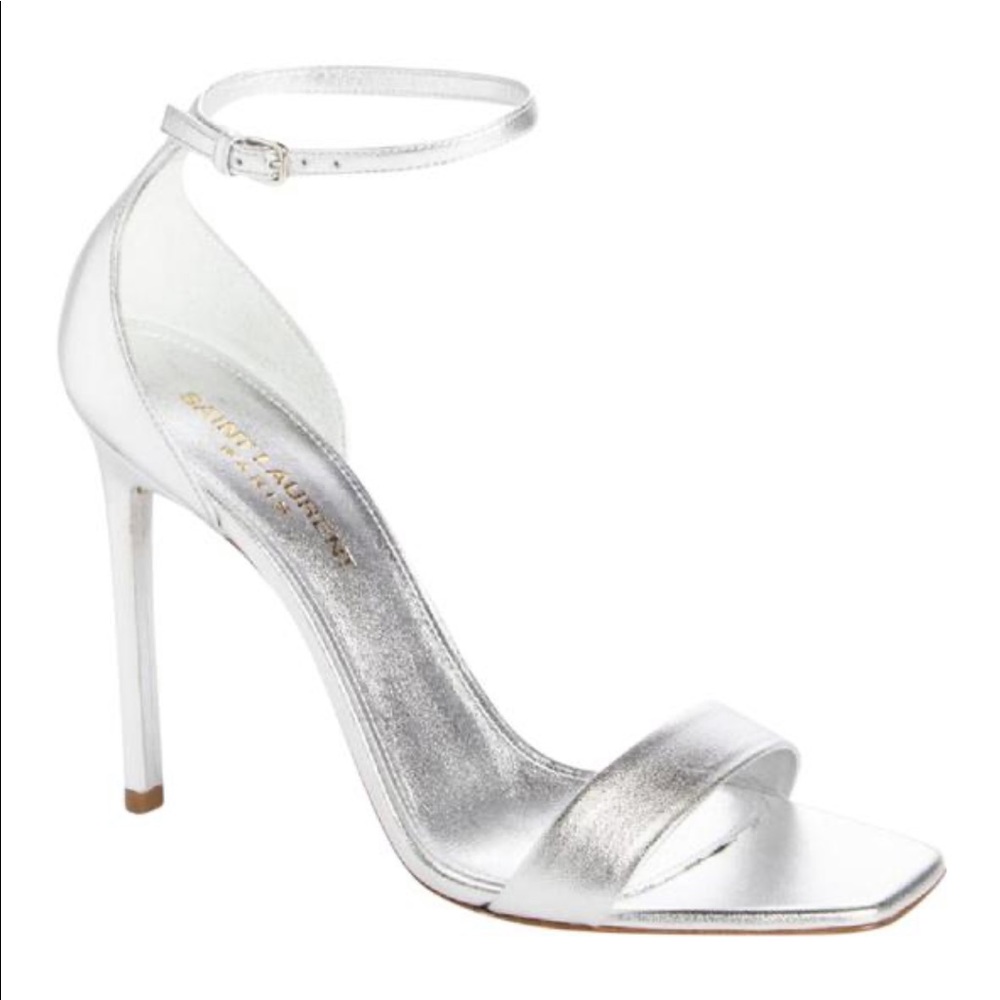 Saint Laurent YSL Silver Metallic ankle strap sandals